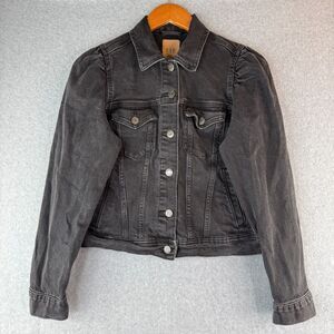 GAP Dark Grey Denim Button Up Long Sleeve Puff Shoulder Jacket Cropped Cotton M